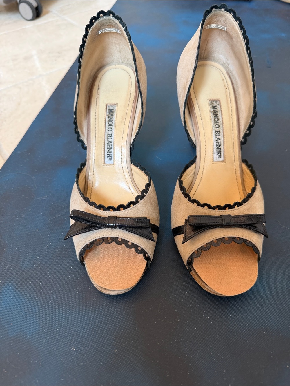 Manolo Blahnik D’Orsey Beige Suede Peep-Toe Pumps with Dark Brown Trim - size 38